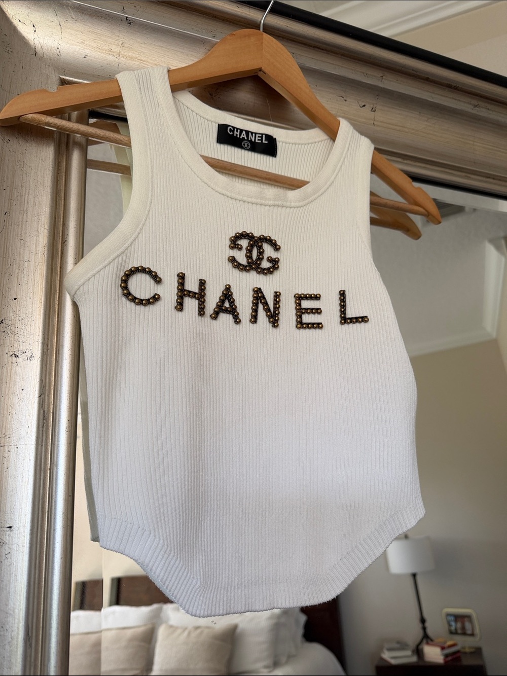Cream Ribbed Tank with Embellished Logo